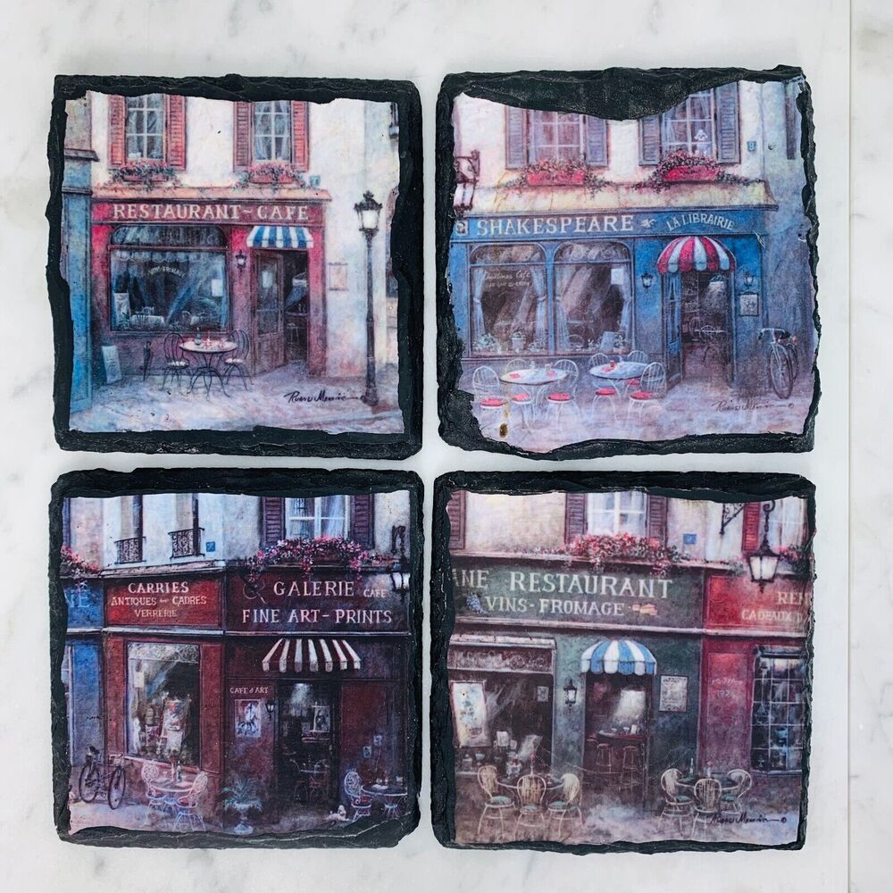 Set of 4 Black Slate Coasters 4" French Cafe Outdoor Restaurants Drink Decor NEW
